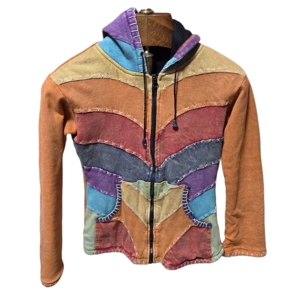 Colorful Patchwork Rainbow Cotton Full Zip Hoodie Made in Nepal Sizr Small